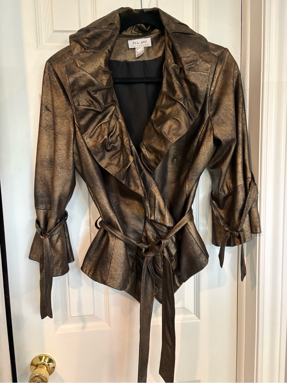 Metallic Bronze Ruffle Shawl Collar Waist Belted Jacket